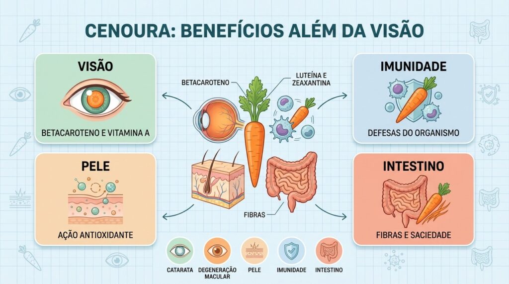 Betacaroteno, luteína, zeaxantina e fibras ampliam os benefícios da cenoura para o organismo.