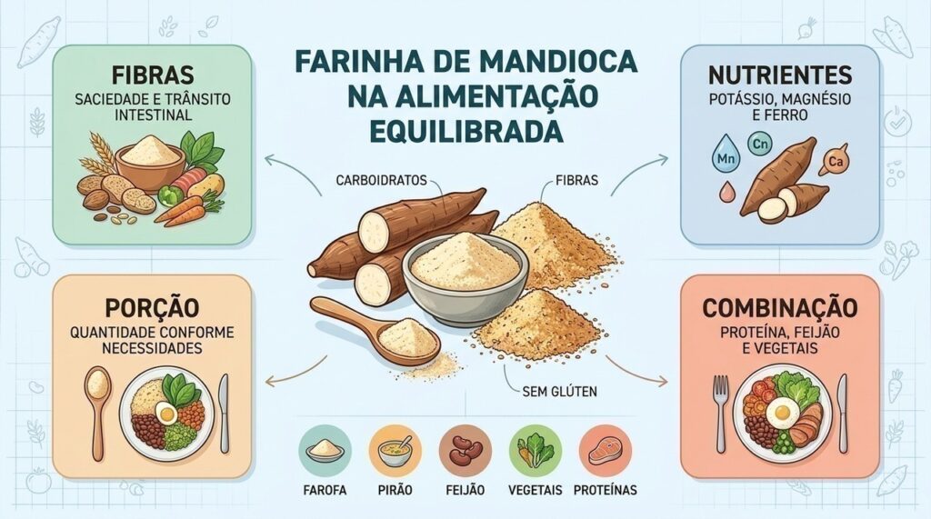 Fibras, nutrientes, porção e combinações mostram como consumir farinha de mandioca com equilíbrio.