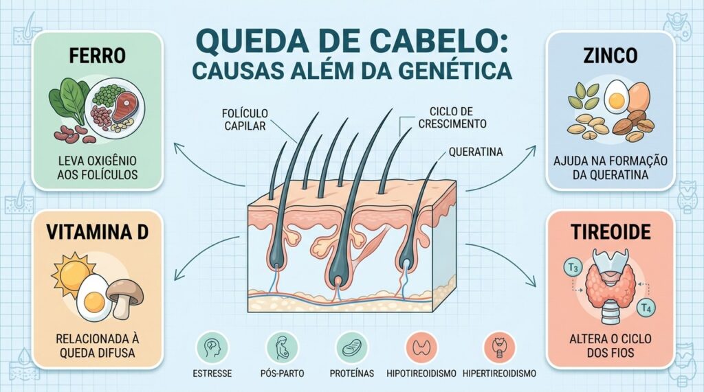 Nutrientes e hormônios participam do crescimento dos fios e merecem investigação quando há queda persistente.