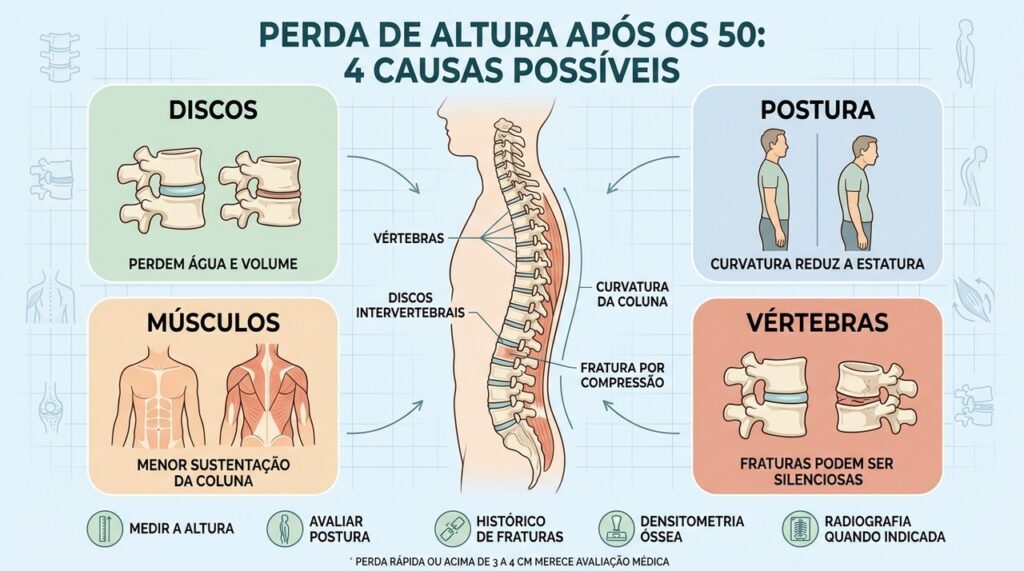 Discos, postura, músculos e vértebras explicam diferentes causas da perda de altura.