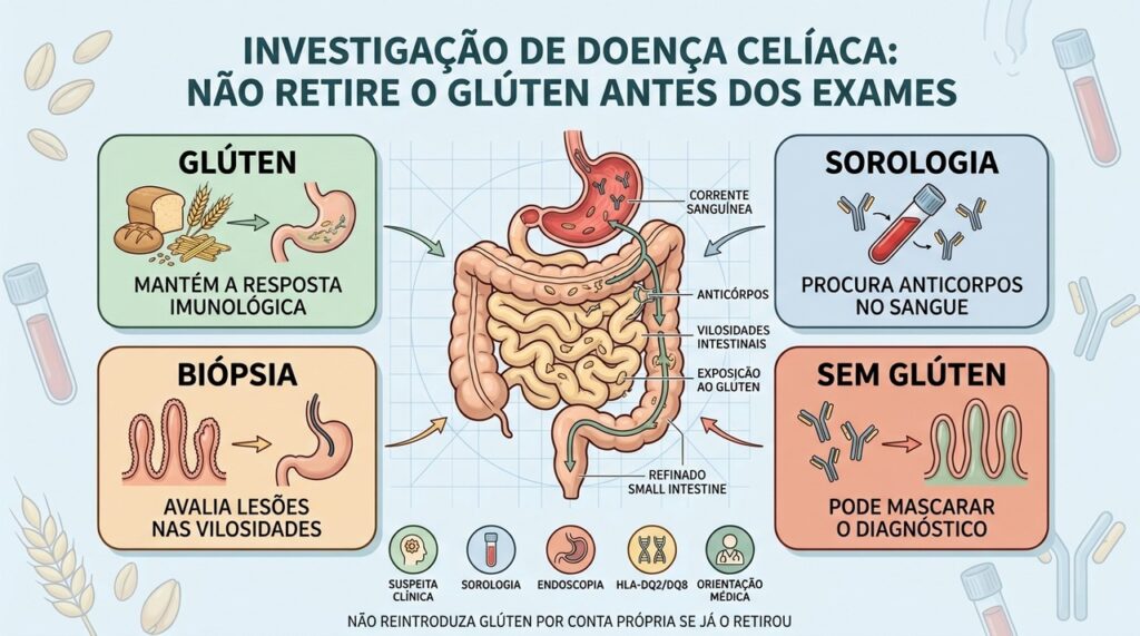 Glúten, sorologia, biópsia e orientação médica fazem parte da investigação correta.