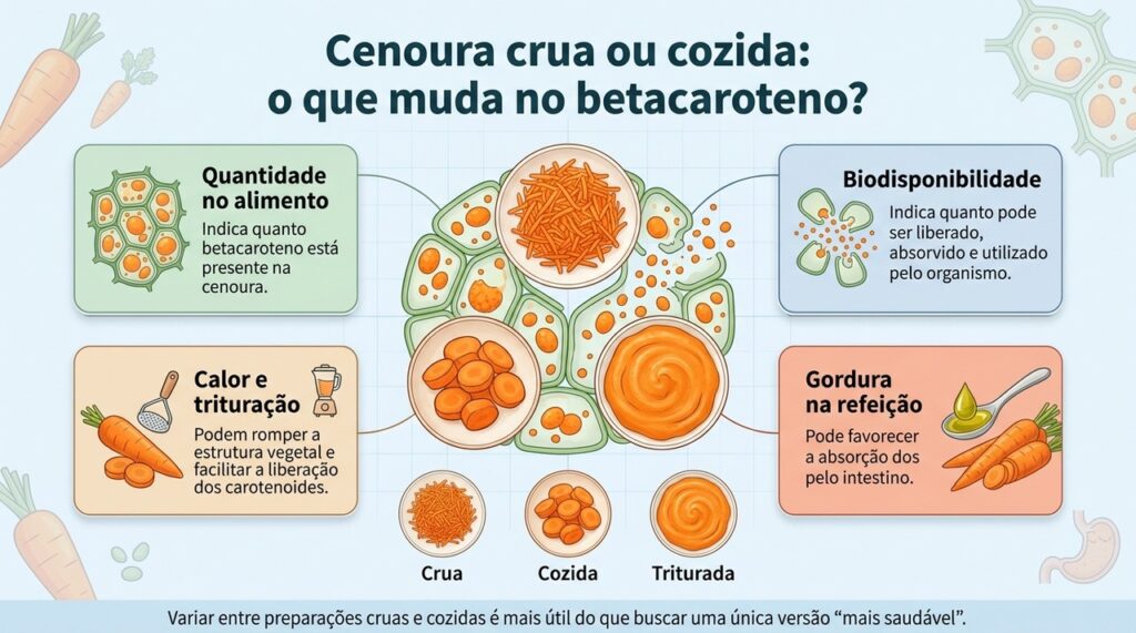 Cozinhar e triturar podem aumentar a biodisponibilidade do betacaroteno, enquanto a cenoura crua também mantém valor nutricional.