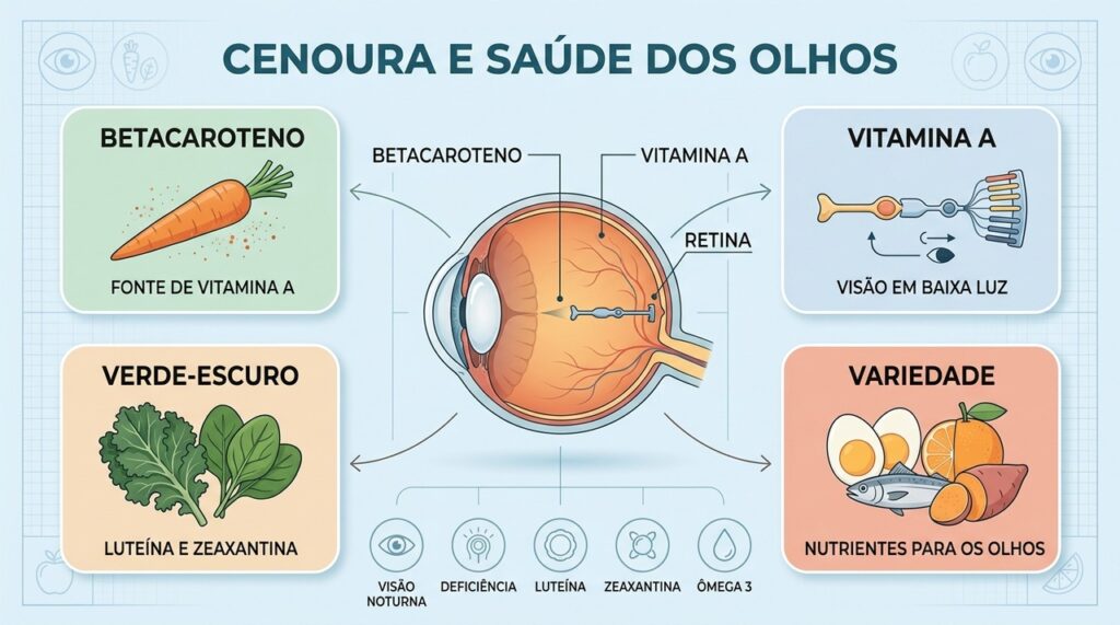 Betacaroteno, vitamina A e outros nutrientes participam de diferentes aspectos da saúde ocular.