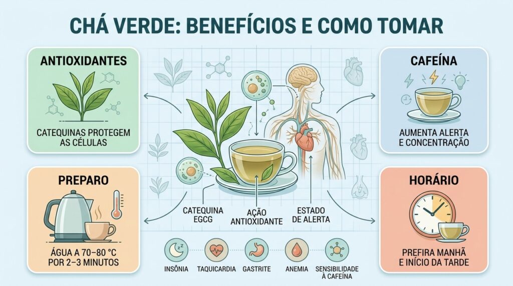 Catequinas, cafeína, preparo e horário influenciam os benefícios e a tolerância ao chá verde.