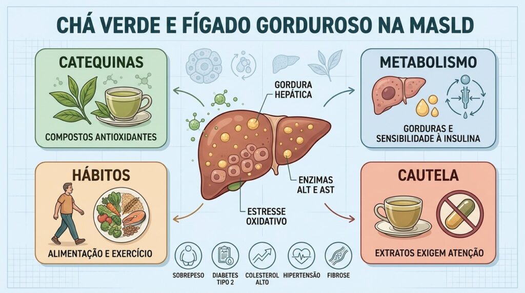 Catequinas, metabolismo, hábitos e cautela ajudam a contextualizar o chá verde na MASLD.