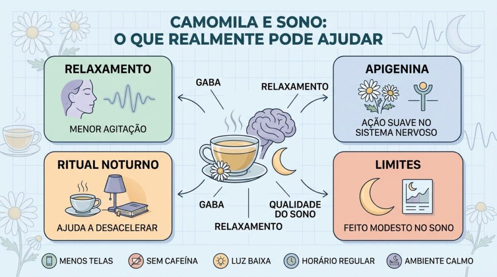 Relaxamento, rotina noturna e higiene do sono explicam melhor o papel da camomila.
