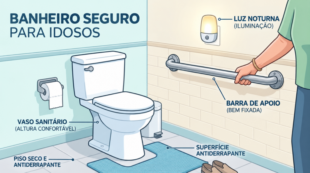 Barras de apoio, iluminação adequada e piso antiderrapante ajudam a prevenir quedas no banheiro.