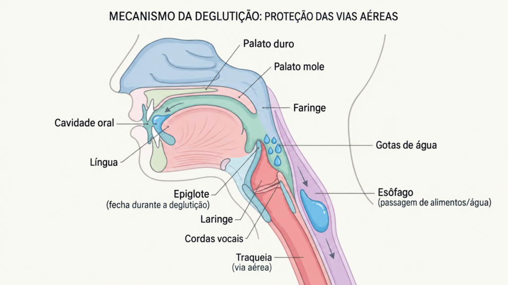 Alterações na coordenação da deglutição podem permitir que líquidos entrem nas vias respiratórias.