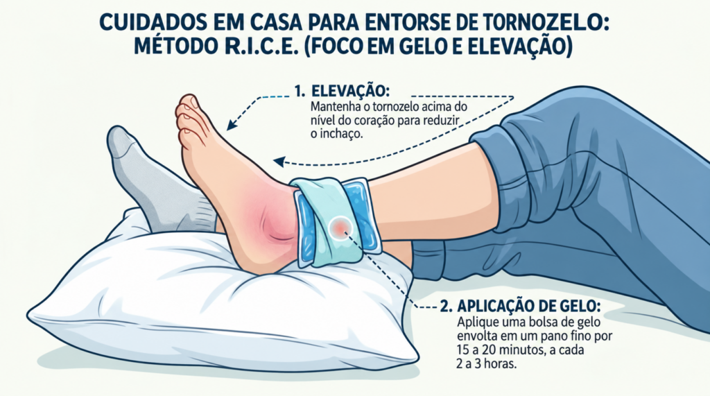Aplicar gelo protegido por um pano e elevar o pé ajuda a controlar os sintomas da torção.