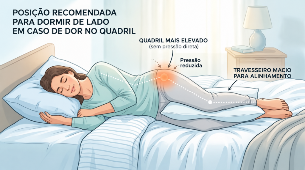 Dormir sobre o lado sem dor, com um travesseiro entre os joelhos, pode reduzir a pressão no quadril dolorido.
