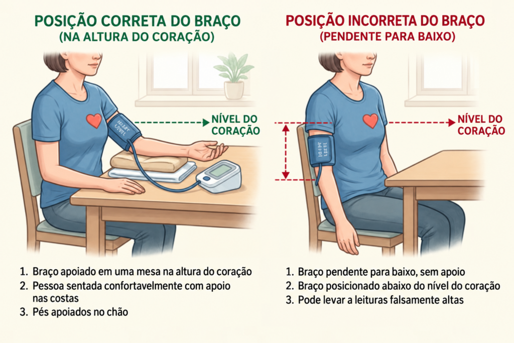 Braço sem apoio ou fora da altura do coração pode alterar a leitura da pressão.