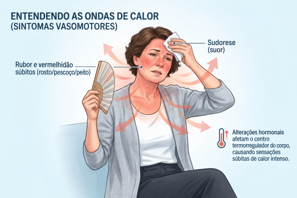 Ondas de calor da menopausa podem provocar transpiração intensa e despertares durante a noite.