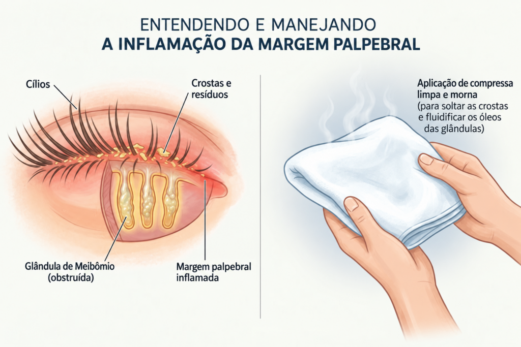 Higiene das pálpebras e compressas mornas podem ajudar no controle da blefarite.
