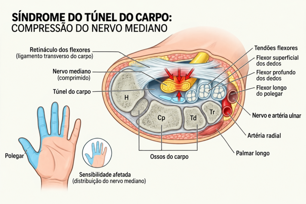 A compressão do nervo mediano no punho pode causar dormência, formigamento e perda de força.