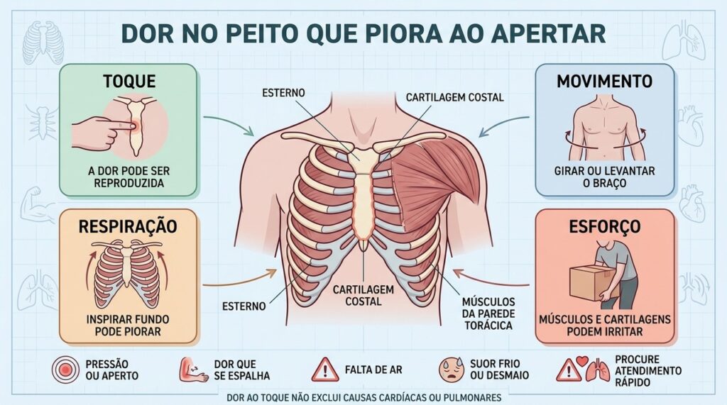 Toque, movimento, respiração e esforço ajudam a reconhecer dor da parede torácica.