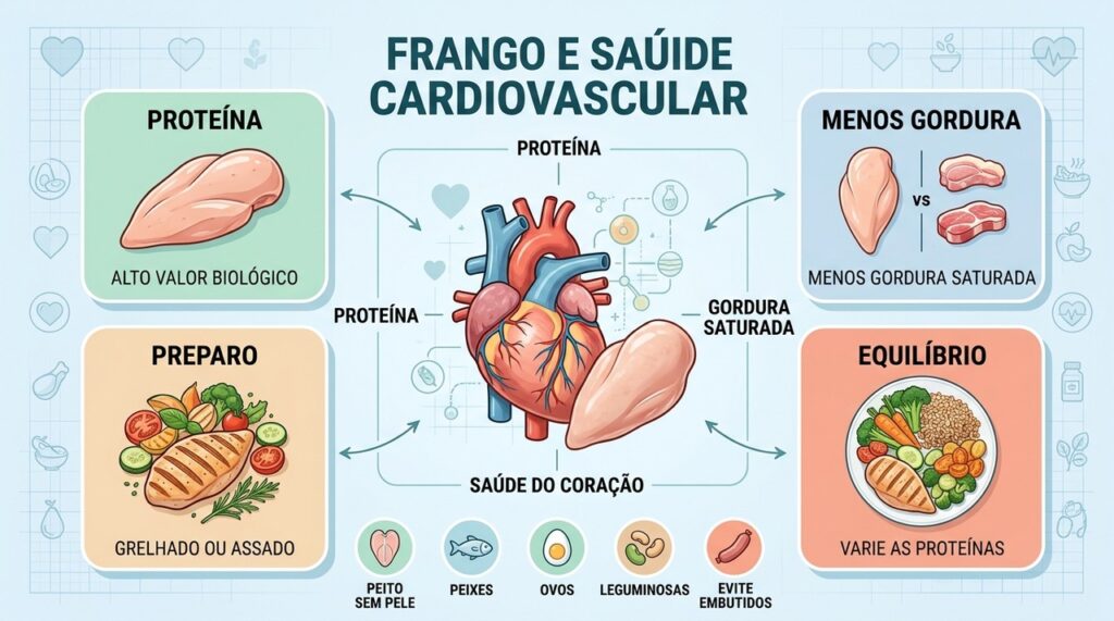 Peito sem pele, preparo adequado e variedade de proteínas favorecem uma alimentação equilibrada.
