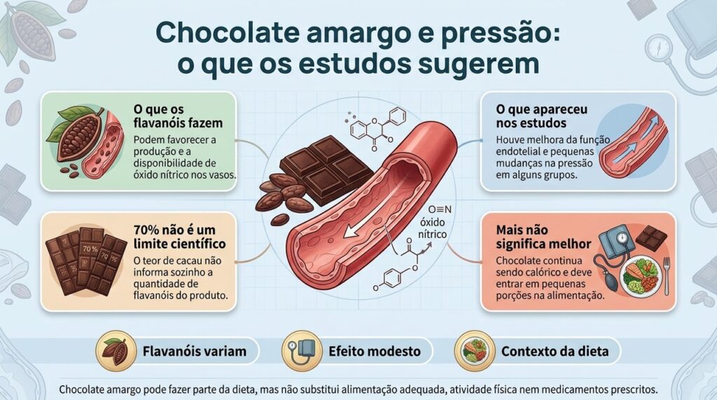 Estudos com cacau e flavanóis sugerem efeitos vasculares modestos, mas os resultados variam conforme o produto e as características dos participantes.