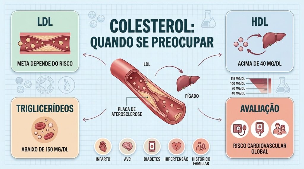 LDL, HDL, triglicerídeos e risco global determinam quando o colesterol exige maior atenção.