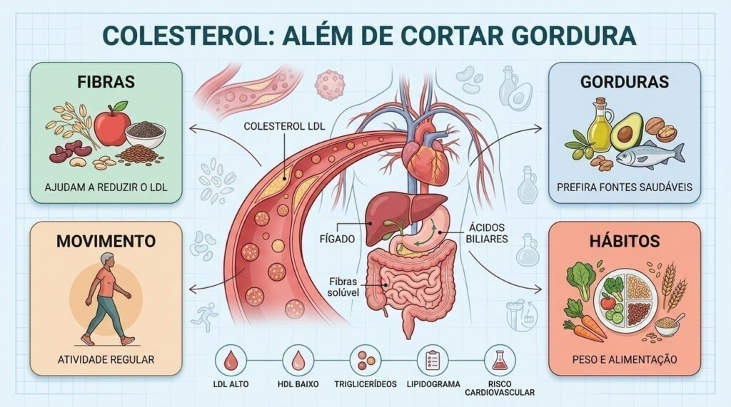 Fibras, gorduras saudáveis, movimento e controle do peso ajudam no equilíbrio do perfil lipídico.