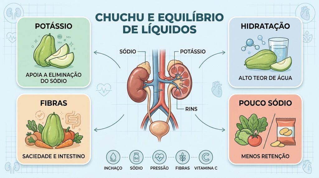 Potássio, água, fibras e baixo sódio fazem do chuchu uma opção alimentar leve.