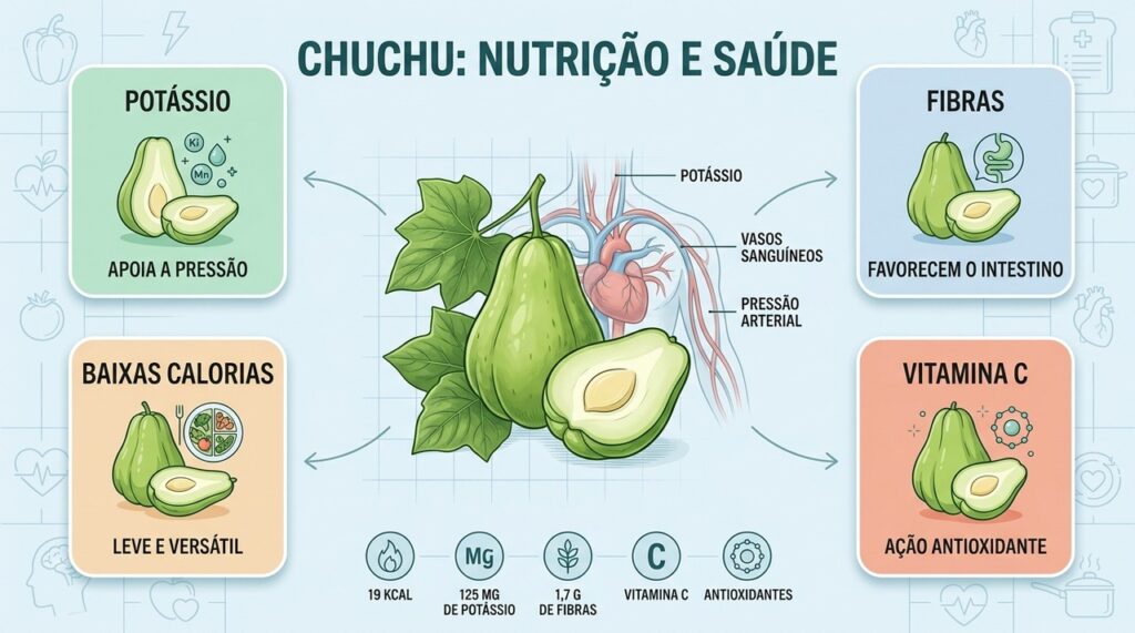 Potássio, fibras e antioxidantes explicam parte do valor nutricional do chuchu.