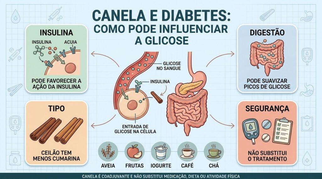 Insulina, digestão, tipo de canela e segurança orientam seu uso no diabetes.