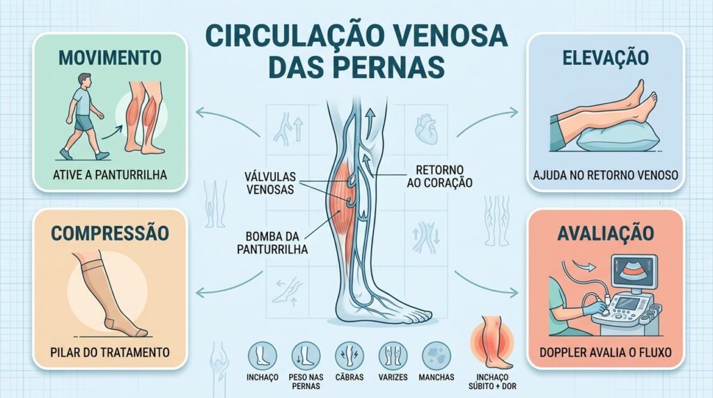 Movimento, compressão e avaliação vascular ajudam no cuidado da circulação venosa das pernas.
