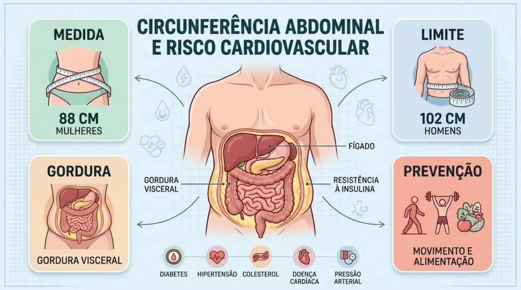 Gordura visceral, cintura aumentada e hábitos de vida influenciam diretamente o risco cardiometabólico.