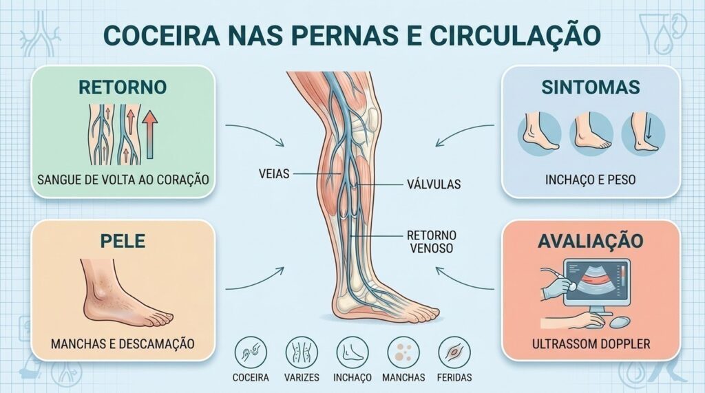 Coceira, inchaço, varizes e manchas podem indicar alterações persistentes no retorno venoso.