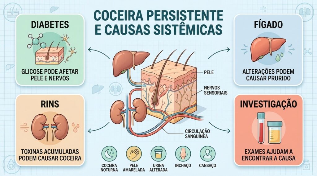 Diabetes, fígado, rins e exames ajudam a investigar causas sistêmicas da coceira persistente.