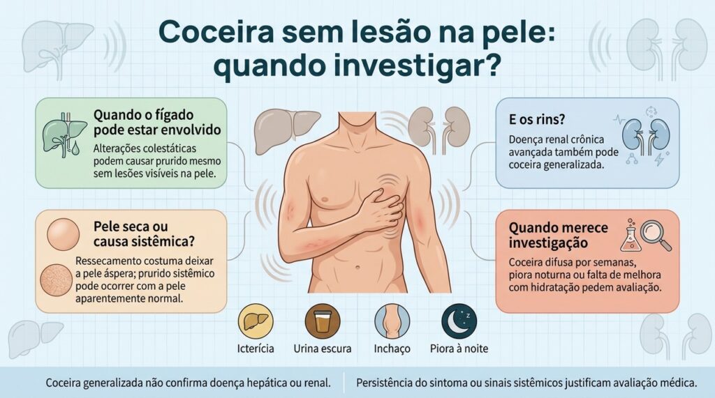 Coceira persistente sem lesões aparentes na pele pode exigir investigação de causas dermatológicas e sistêmicas.