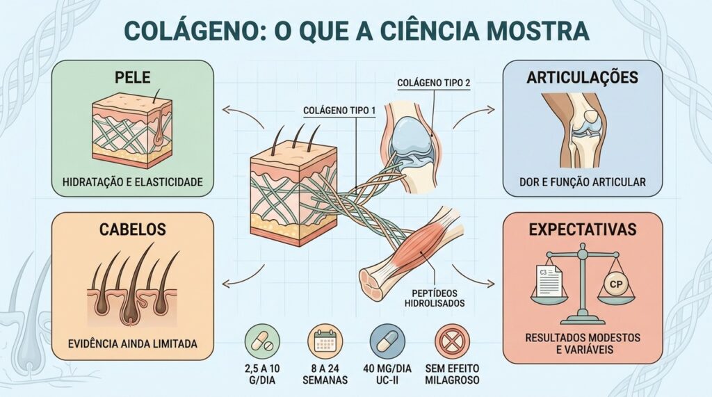 Pele, articulações e cabelos apresentam níveis diferentes de evidência para o colágeno.