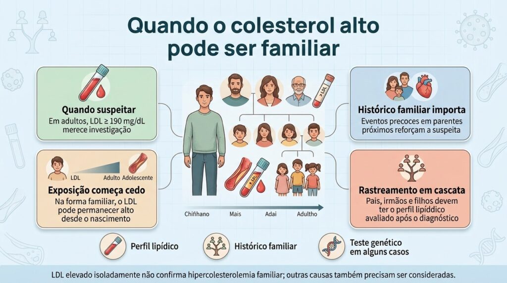 LDL muito alto, início precoce e histórico familiar de doença cardiovascular ajudam a orientar a investigação de hipercolesterolemia familiar.