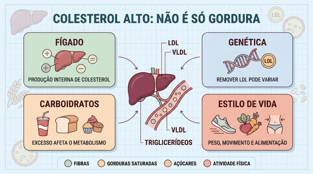Fígado, genética, carboidratos e estilo de vida interferem no colesterol.
