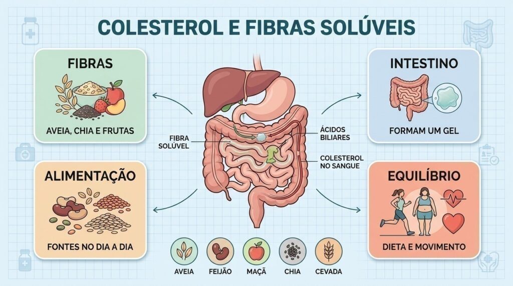 Fibras solúveis, alimentação equilibrada e movimento atuam juntos no controle do colesterol.