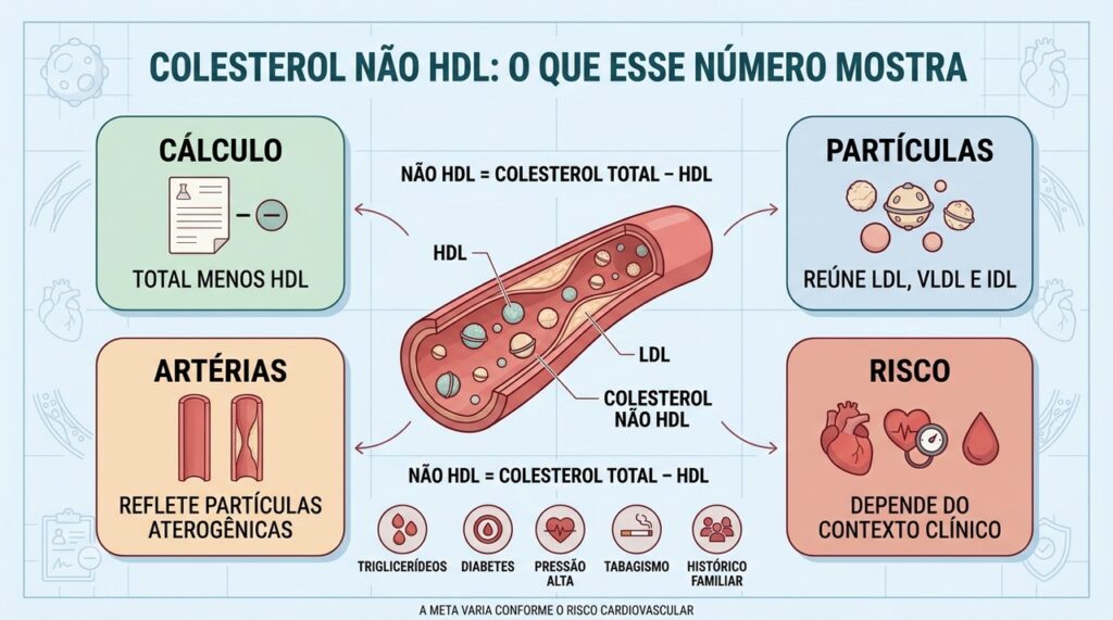Cálculo, partículas, artérias e risco explicam como interpretar o colesterol não HDL.