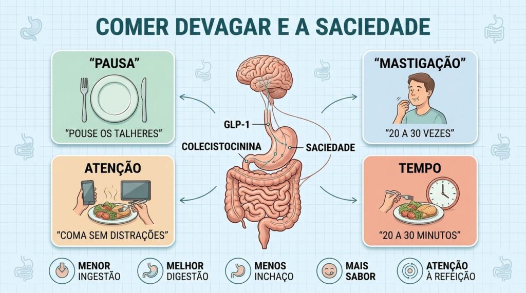 Quatro estratégias ajudam a desacelerar a refeição e aumentar a atenção aos sinais de saciedade.