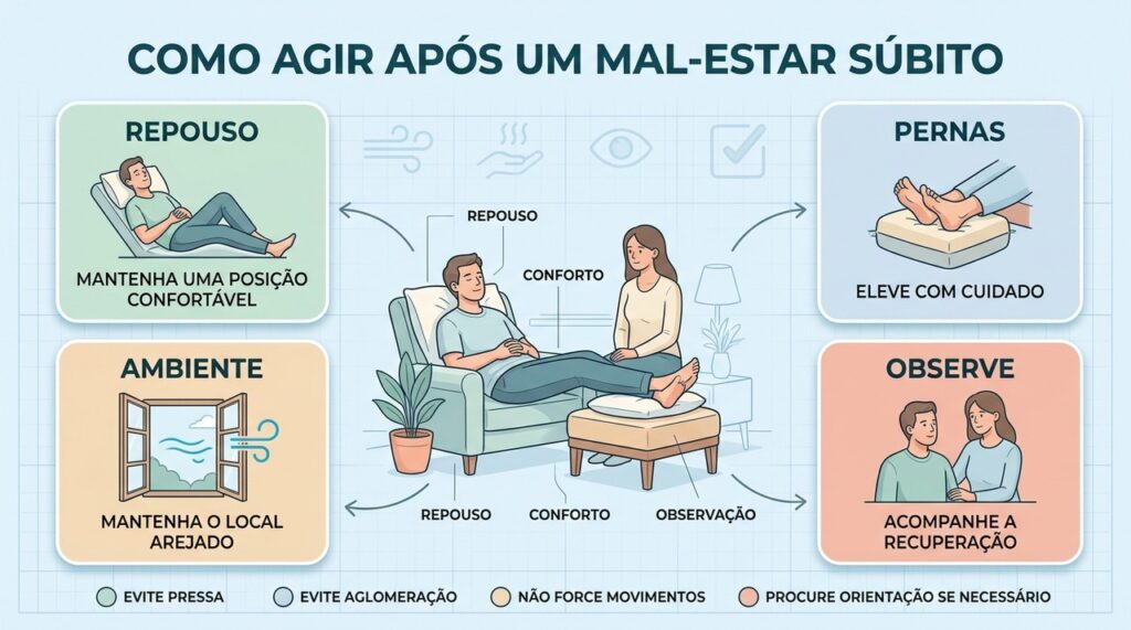Deitar, elevar as pernas e observar a respiração orientam os primeiros cuidados.