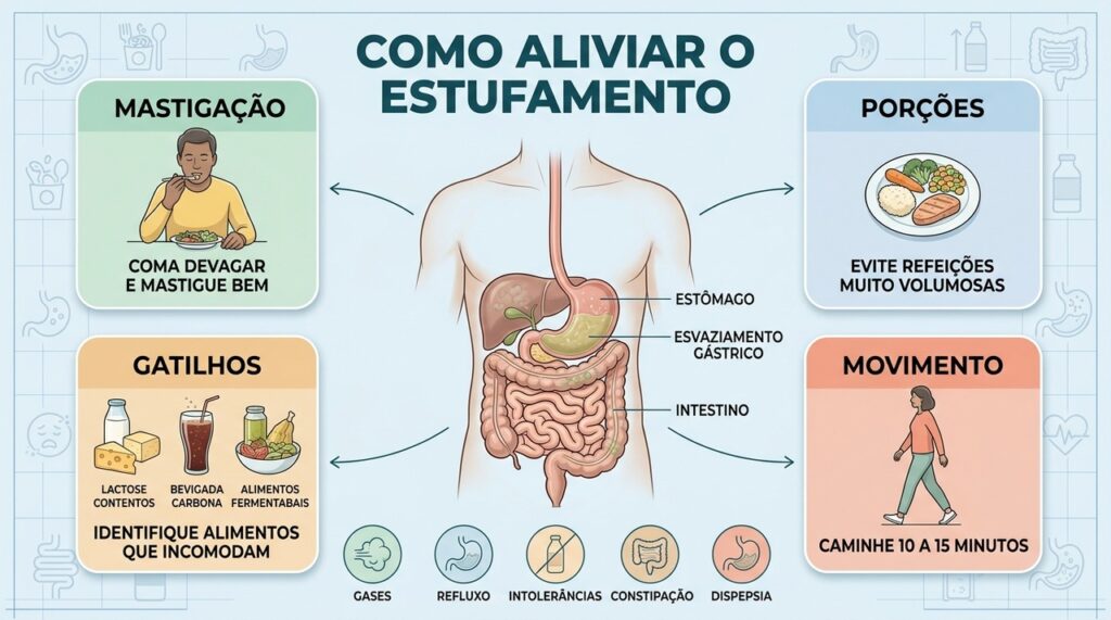 Mastigação lenta, porções menores, identificação de gatilhos e movimento ajudam na digestão pós-refeição.