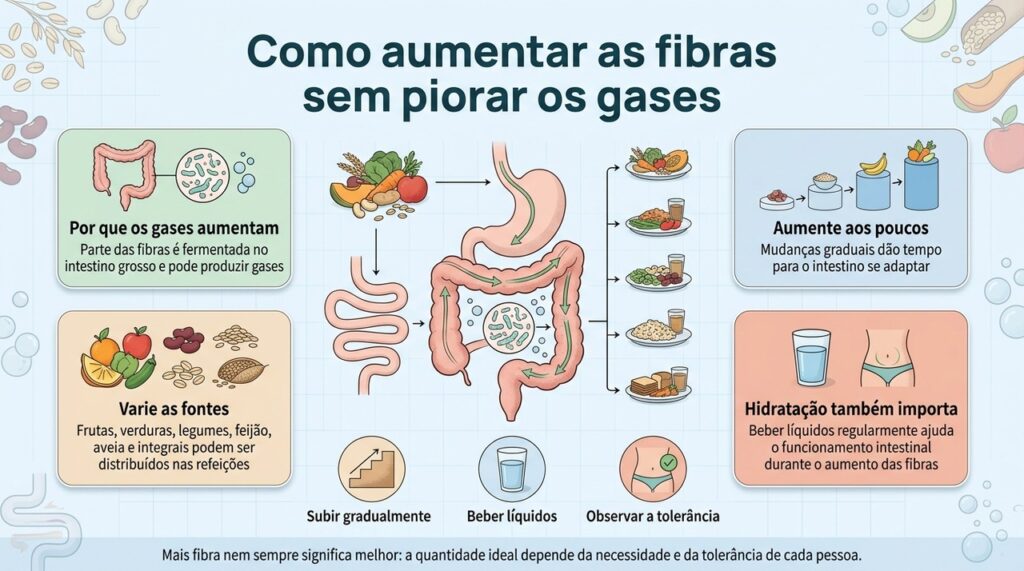 O intestino pode produzir mais gases quando o consumo de fibras aumenta rapidamente, por isso a adaptação gradual costuma ser mais confortável.