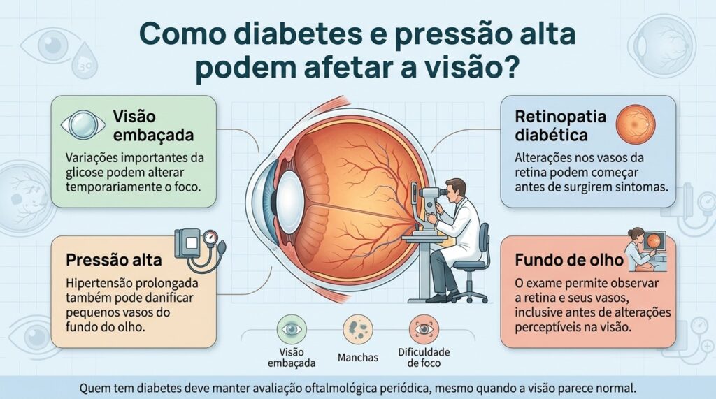 O exame de fundo de olho pode identificar alterações na retina antes que diabetes ou hipertensão provoquem sintomas visuais importantes.