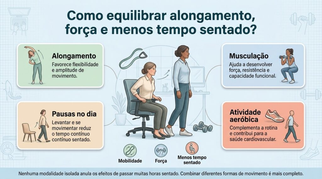 Mobilidade, fortalecimento e pausas ao longo do dia cumprem papéis diferentes e podem fazer parte da mesma estratégia.