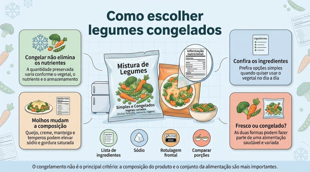 Ao escolher vegetais congelados, vale observar ingredientes, sódio, molhos adicionados e o tamanho da porção.