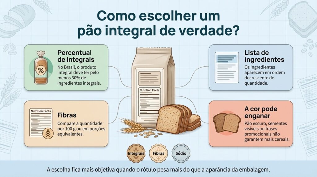 O rótulo ajuda a identificar quanto cereal integral o pão realmente contém e a comparar fibras, sódio e composição.