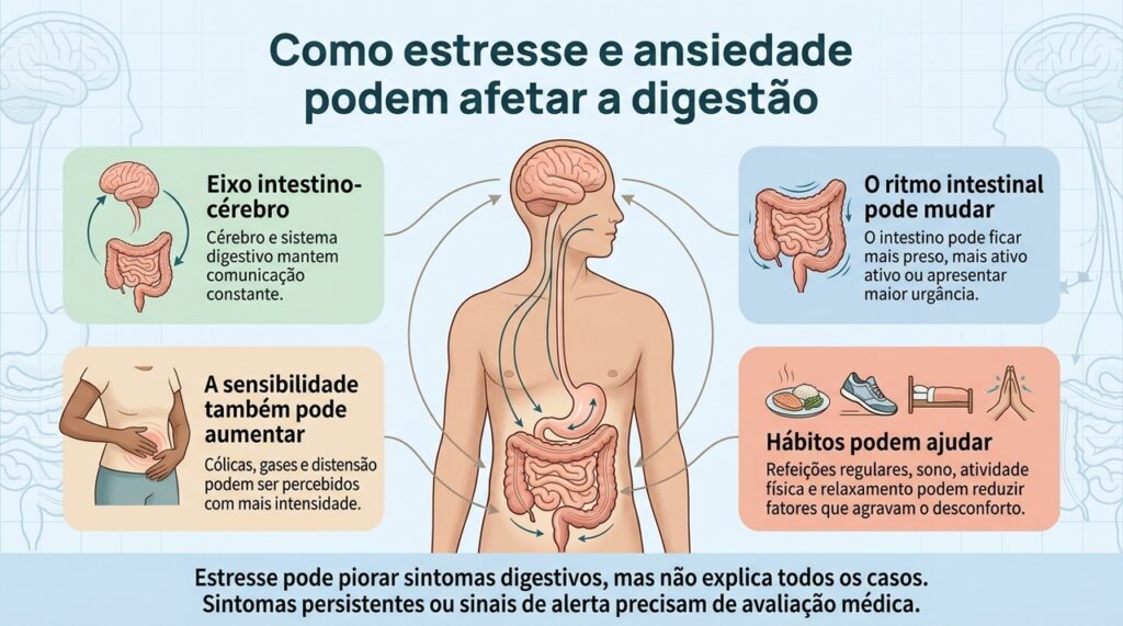 Infográfico mostra a comunicação entre cérebro e intestino e explica que o estresse pode alterar o ritmo intestinal e aumentar a percepção de cólicas, gases e inchaço, além de destacar hábitos que podem ajudar e a necessidade de investigar sintomas persistentes.