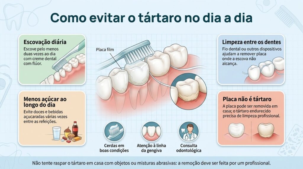 Escovação, limpeza interdental e menor frequência de açúcar ajudam a controlar a placa antes que ela vire tártaro.