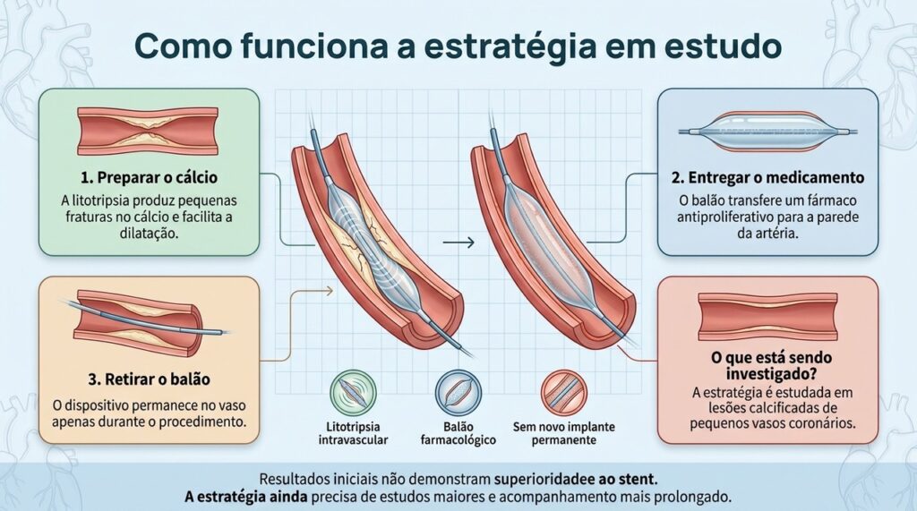 A combinação de litotripsia intravascular e balão farmacológico está sendo estudada em pequenas artérias coronárias calcificadas.