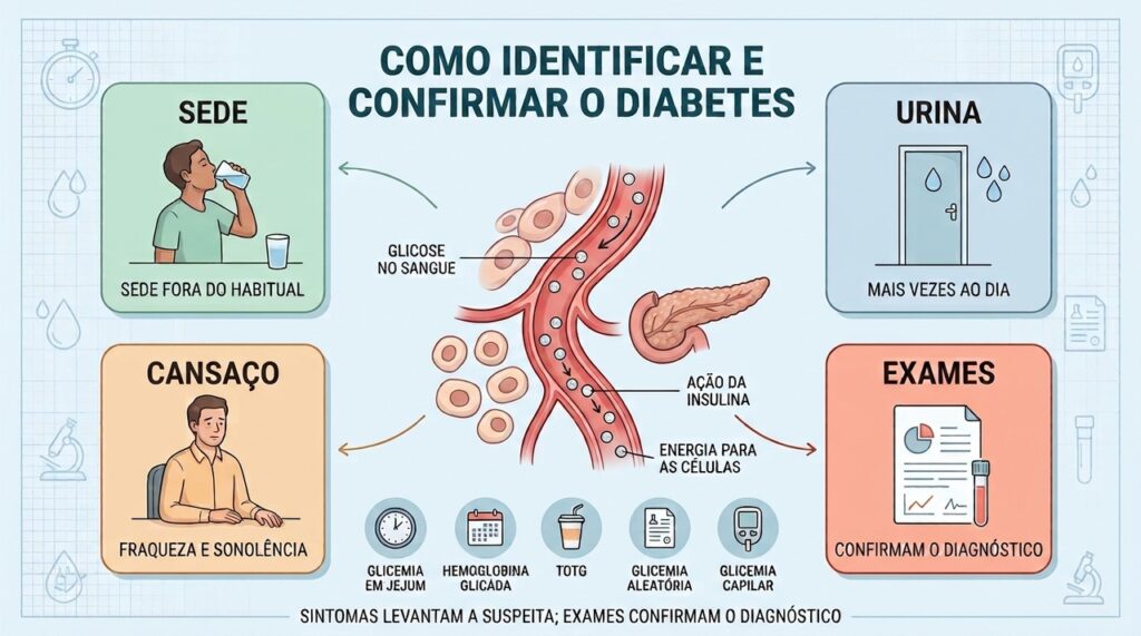 Sede, urina frequente e cansaço orientam investigação com exames de glicose.