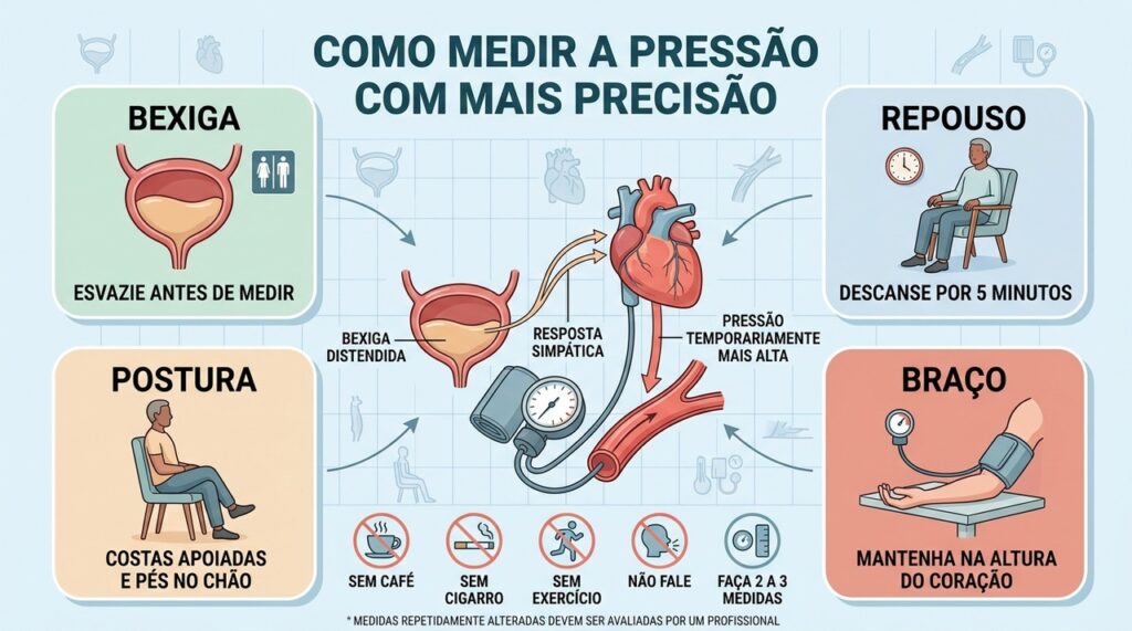 Bexiga vazia, repouso, postura e braço apoiado melhoram a precisão da aferição.