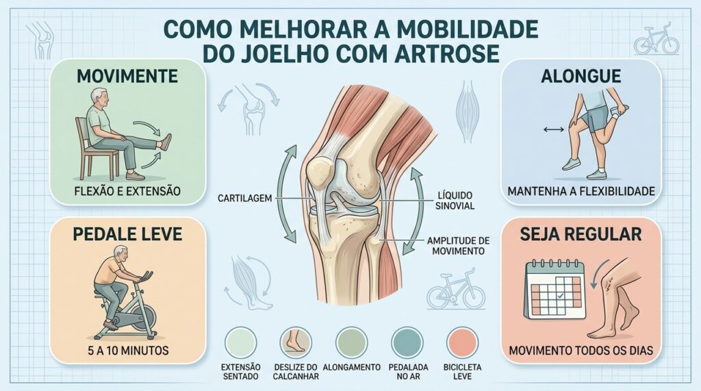 Mobilidade melhora com movimento suave, alongamentos, pedaladas leves e prática regular.
